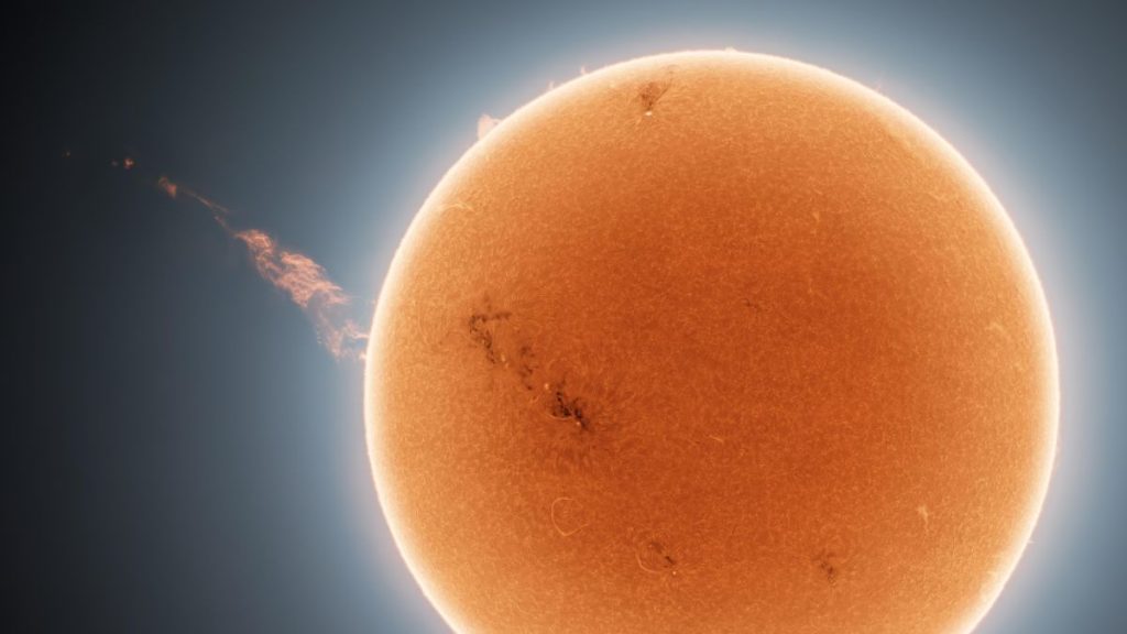A million-mile-long column of plasma emanating from the sun in a stunning image